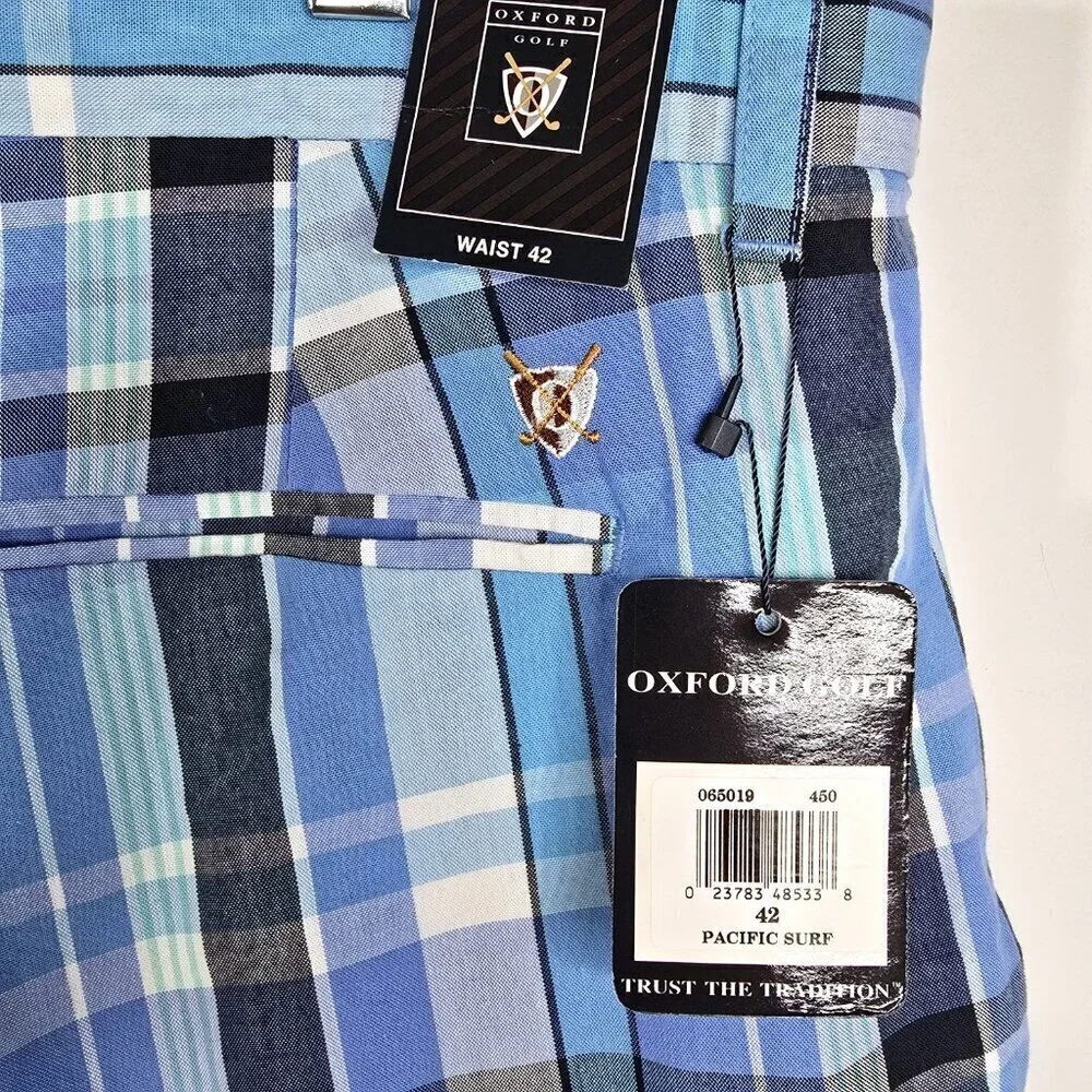 NWT Oxford Golf Blue White Tartan Plaid Cotton Flat Front Chino Shorts